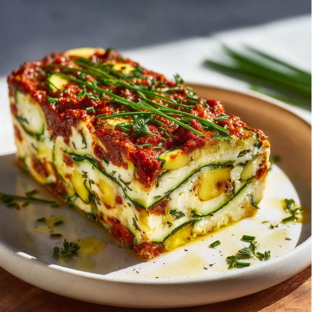 Un plat frais de courgette et chorizo façon parmesan présenté sur un plateau.