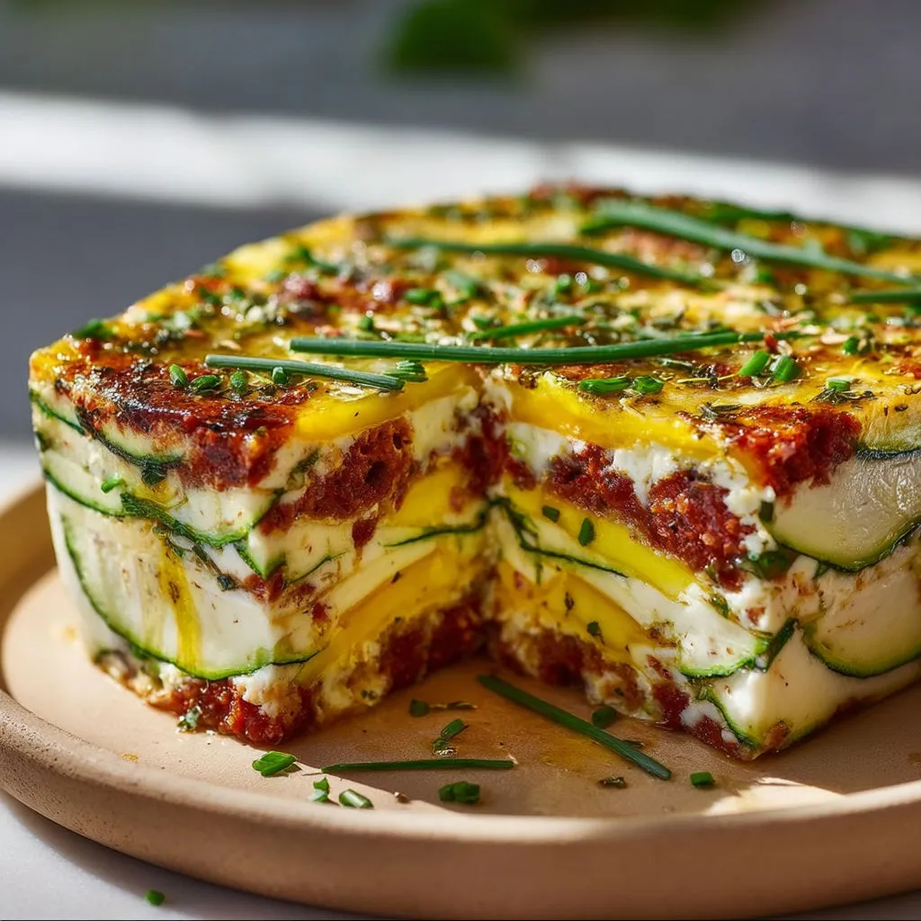 Une part de flan salé courgette-chorizo à la ciboulette présentée sur un plateau.