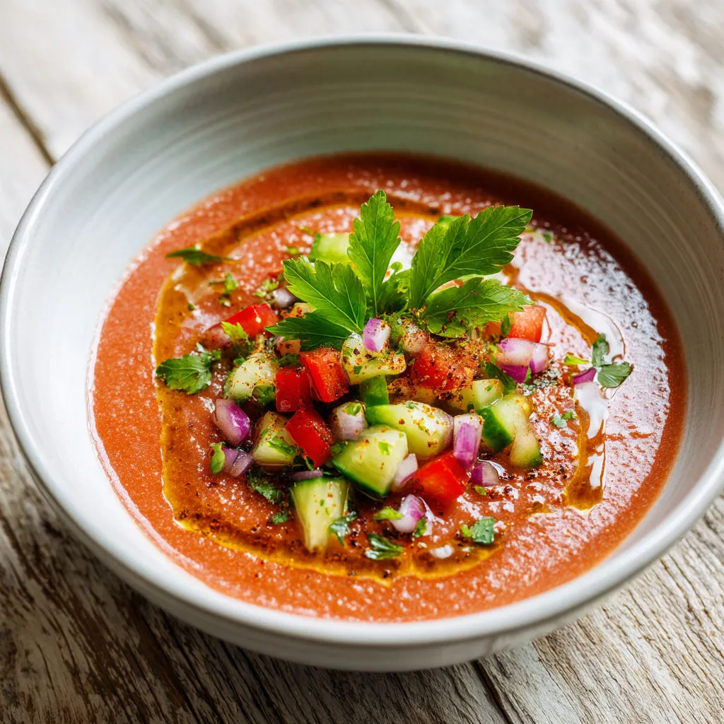 Une soupe chaude, garnie de légumes et d’épices, servie dans un bol en céramique.