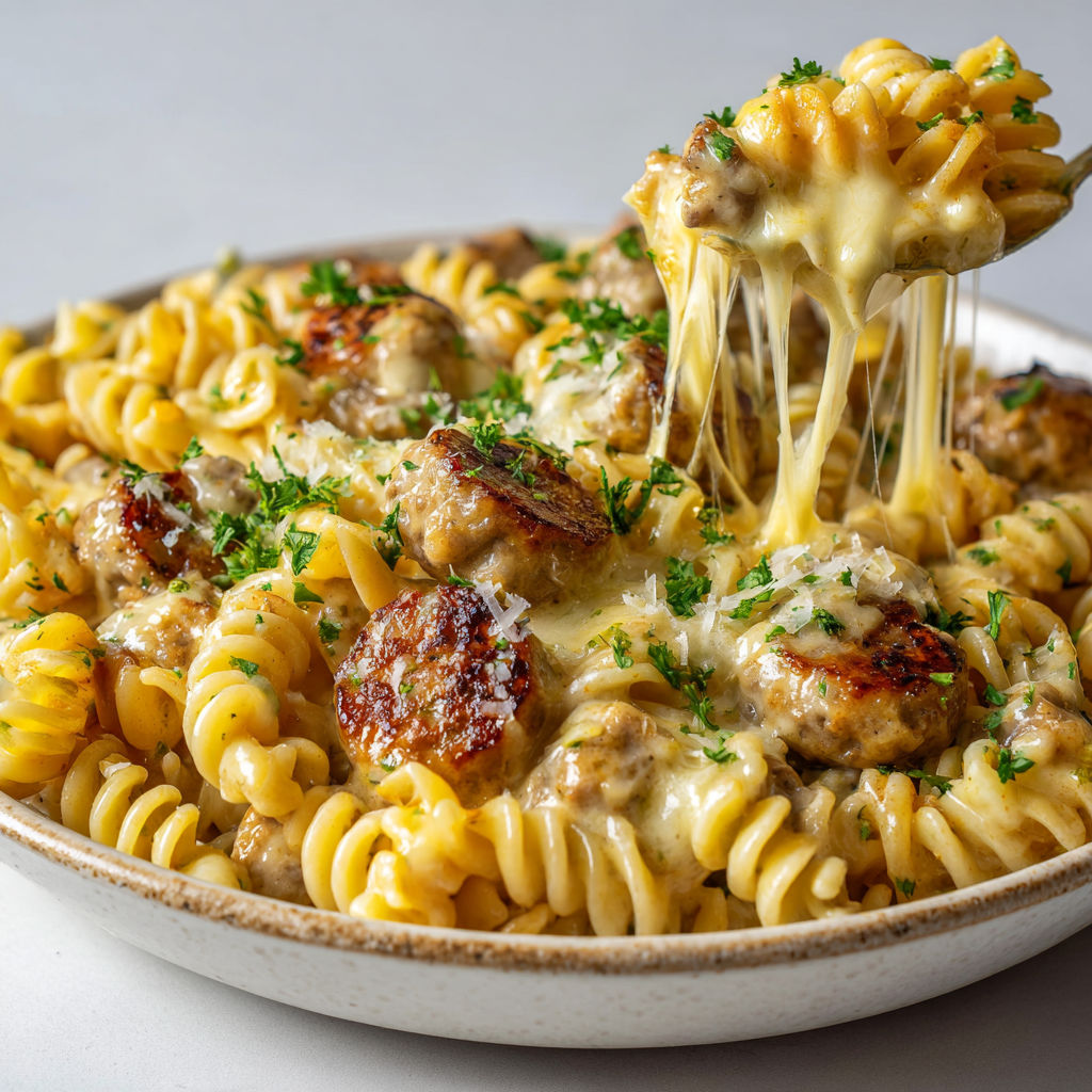 Cocotte de pâtes rotini au poulet, cheddar et saucisse avec herbes fraîches et sauce crémeuse.