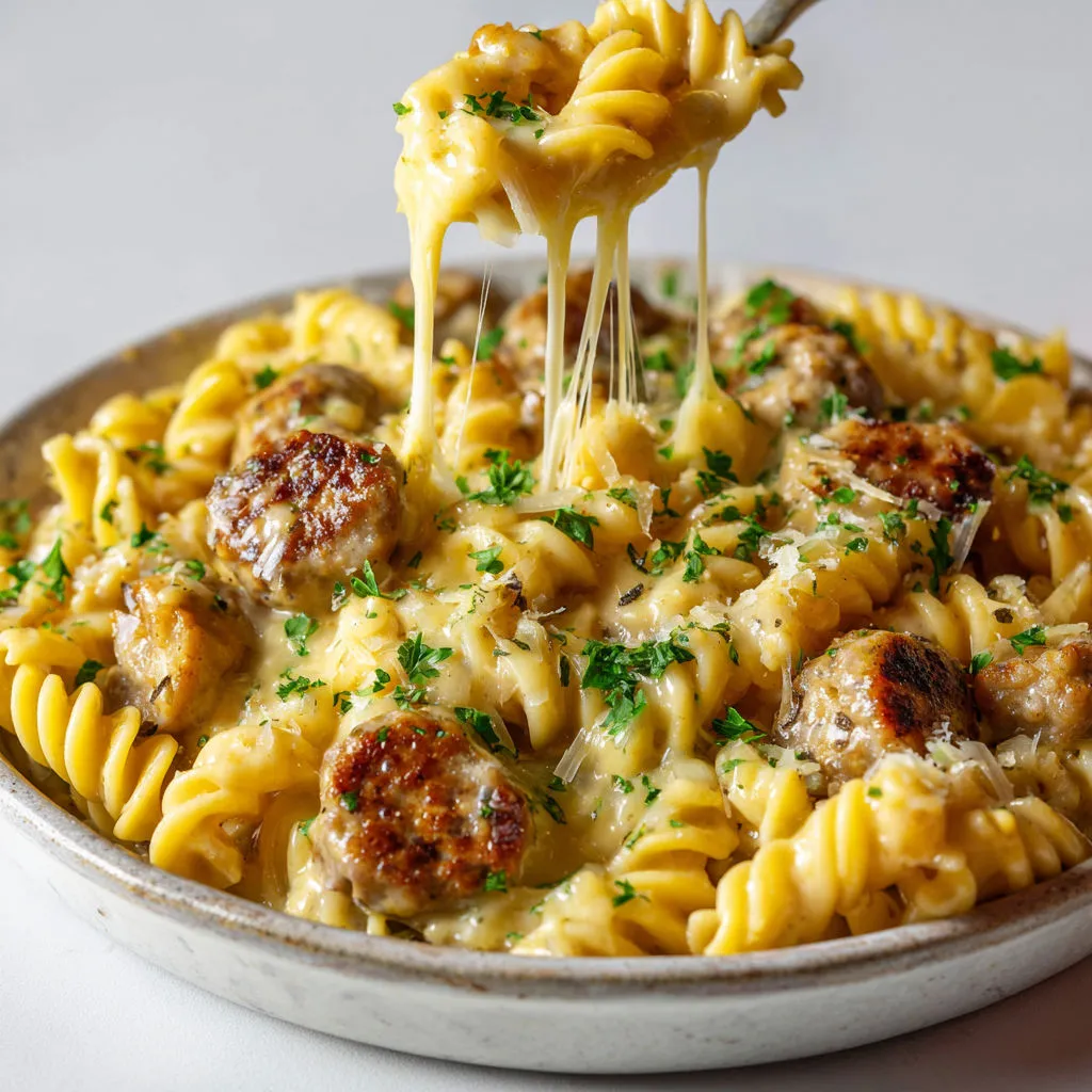 Gratin onctueux de rotini au poulet et saucisse, gratiné au cheddar, servi dans un bol gris.
