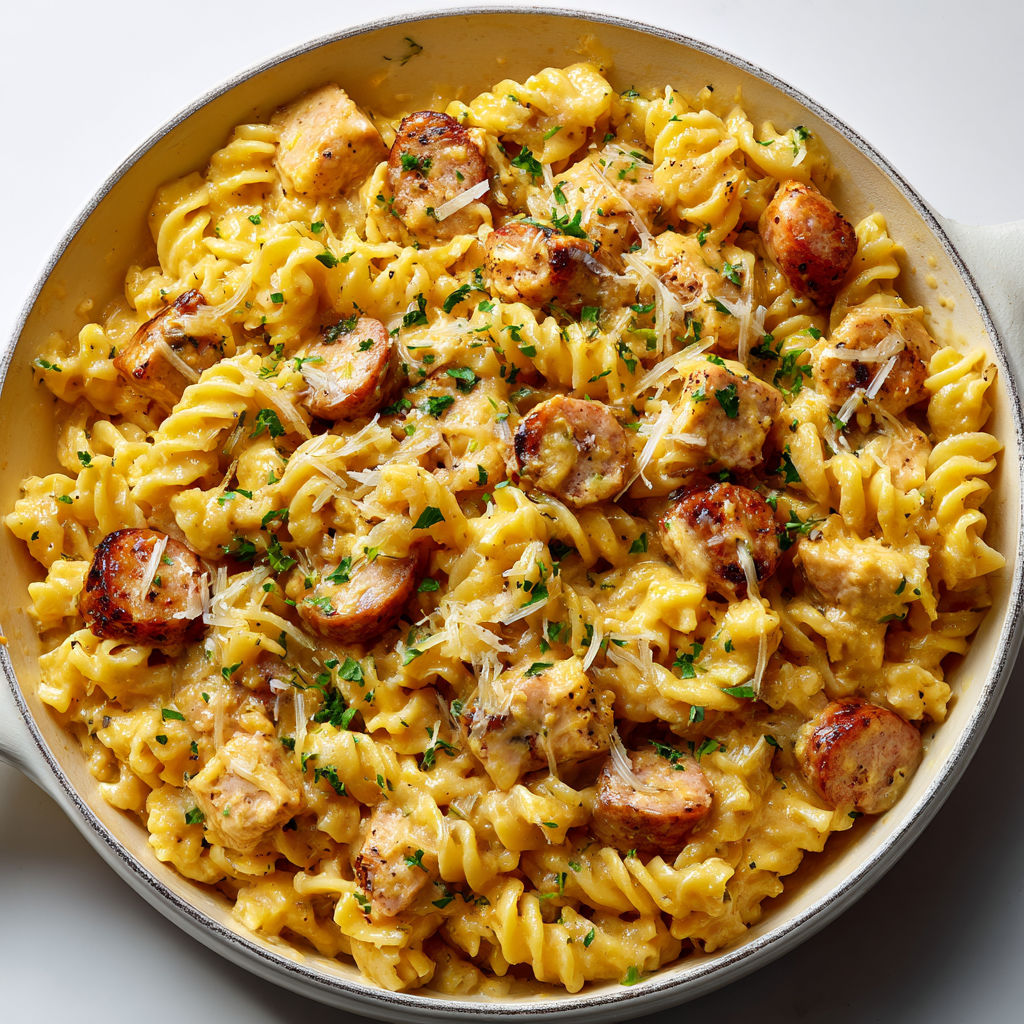 Plat de pâtes fondantes gratinées au cheddar, saucisse dorée et morceaux de poulet.
