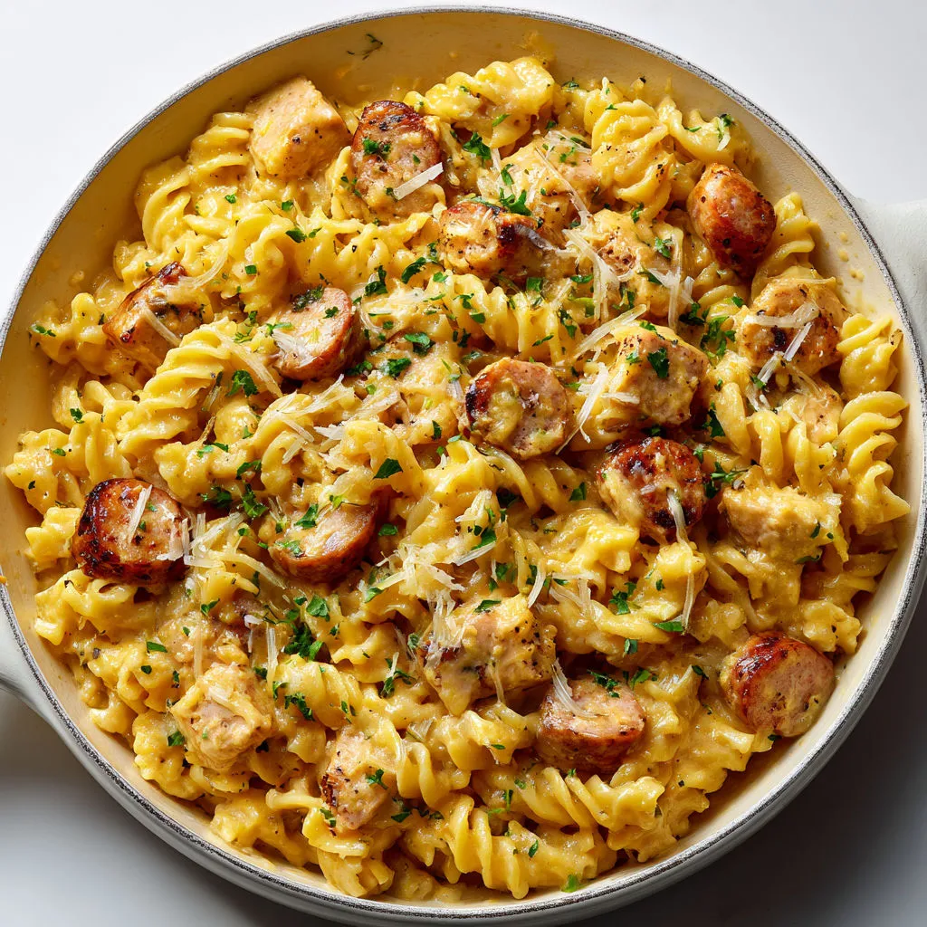 Plat de pâtes fondantes gratinées au cheddar, saucisse dorée et morceaux de poulet.