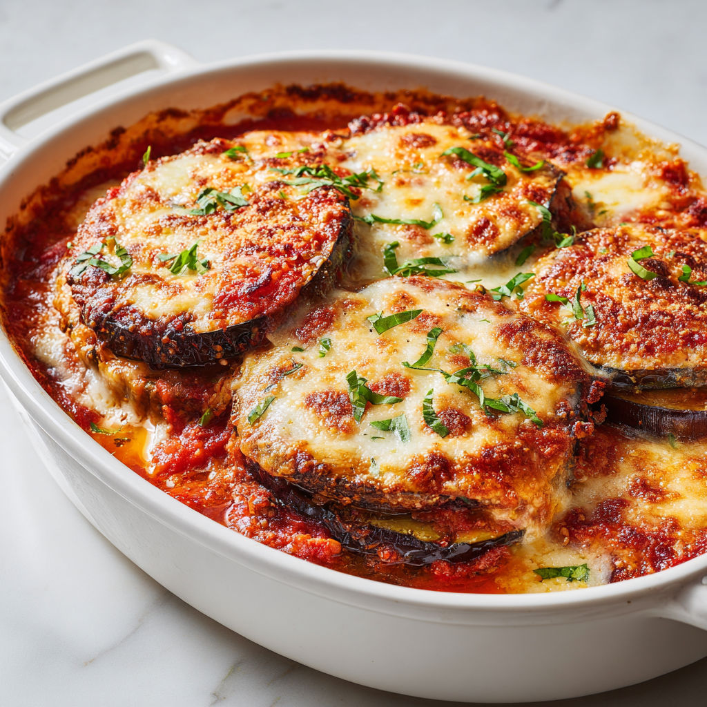 Un gratin d’aubergines italien servi dans un plat en porcelaine.