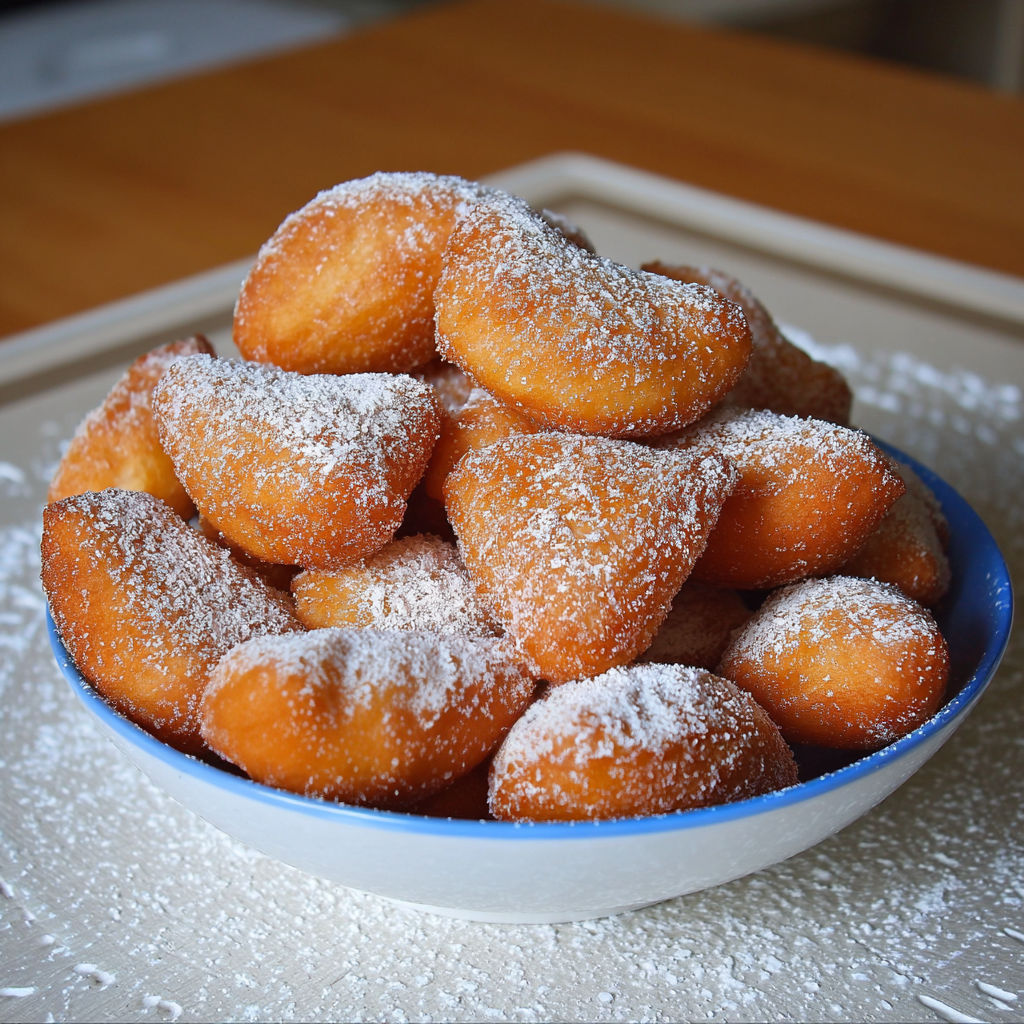 Un plat de beignets sucrés d’Alsace, souvenirs gourmands d’enfance.
