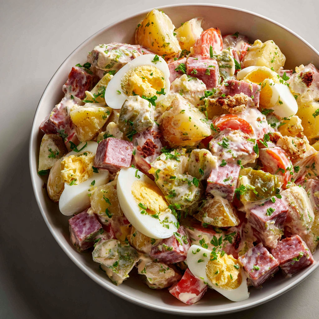 Un grand bol de piémontaise traditionnelle, façon traiteur, bien garnie.