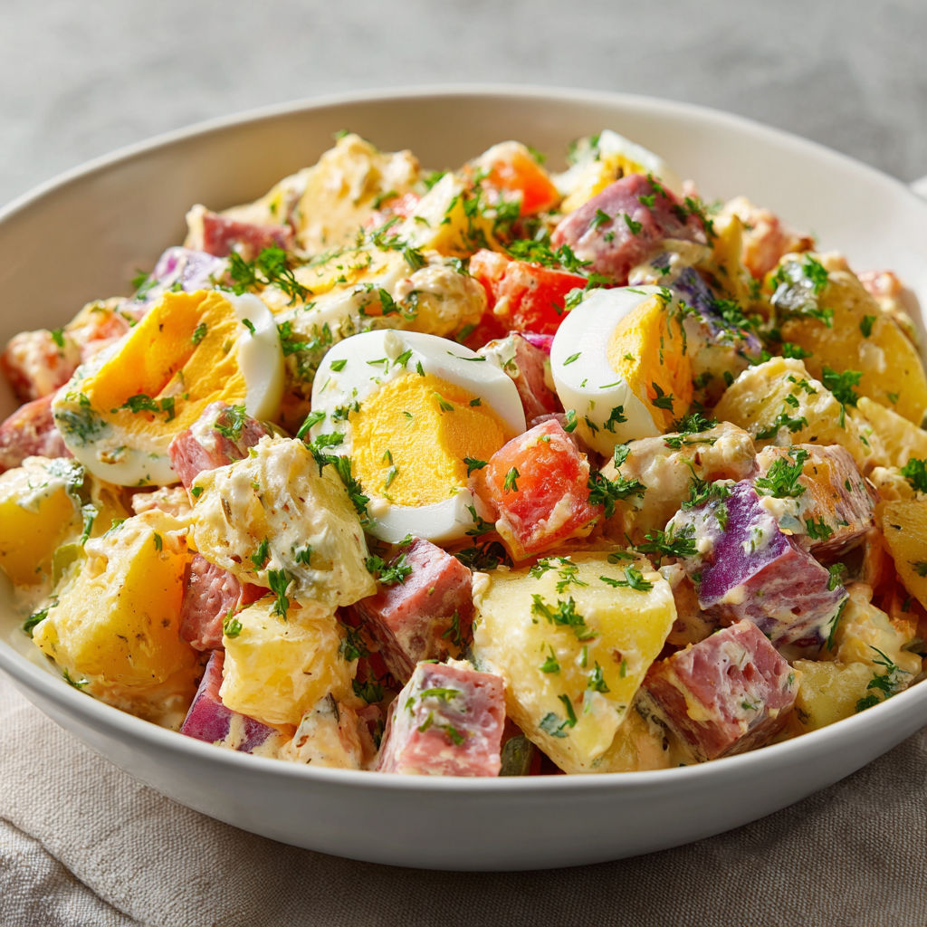 Assiette de Piémontaise maison super crémeuse, bien garnie de charcuterie et cornichons croquants.