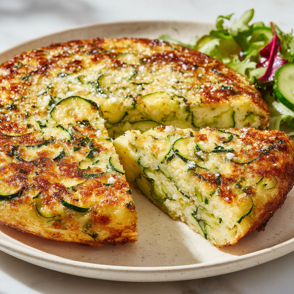 Tranches de gâteau invisible aux courgettes et fromage doré sur un plateau.
