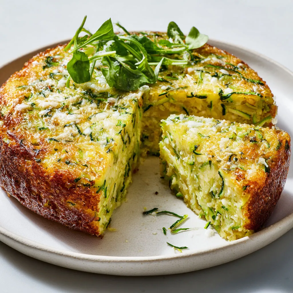 Une part de moelleux courgette parmesan légère et fondante sur un plateau.
