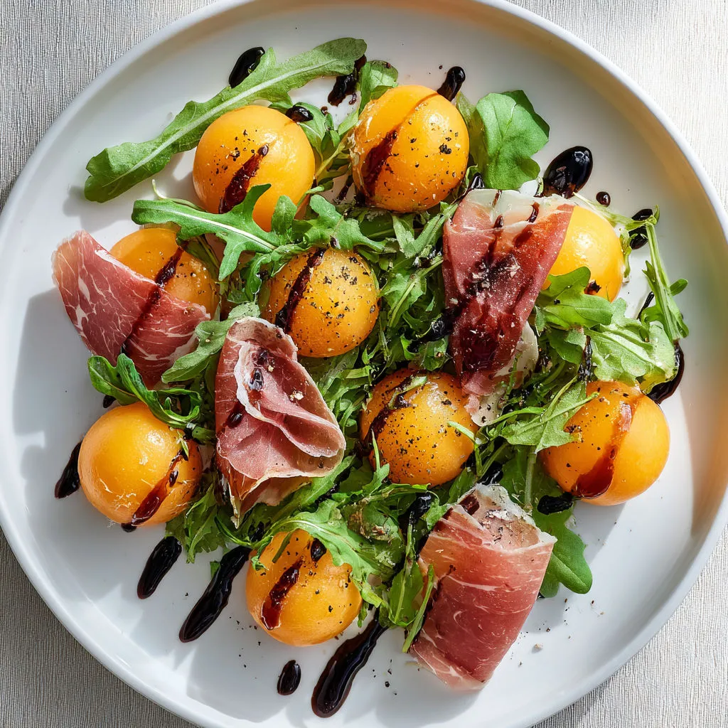 Une assiette de tomates et jambon cru, avec herbes et sauce foncée.