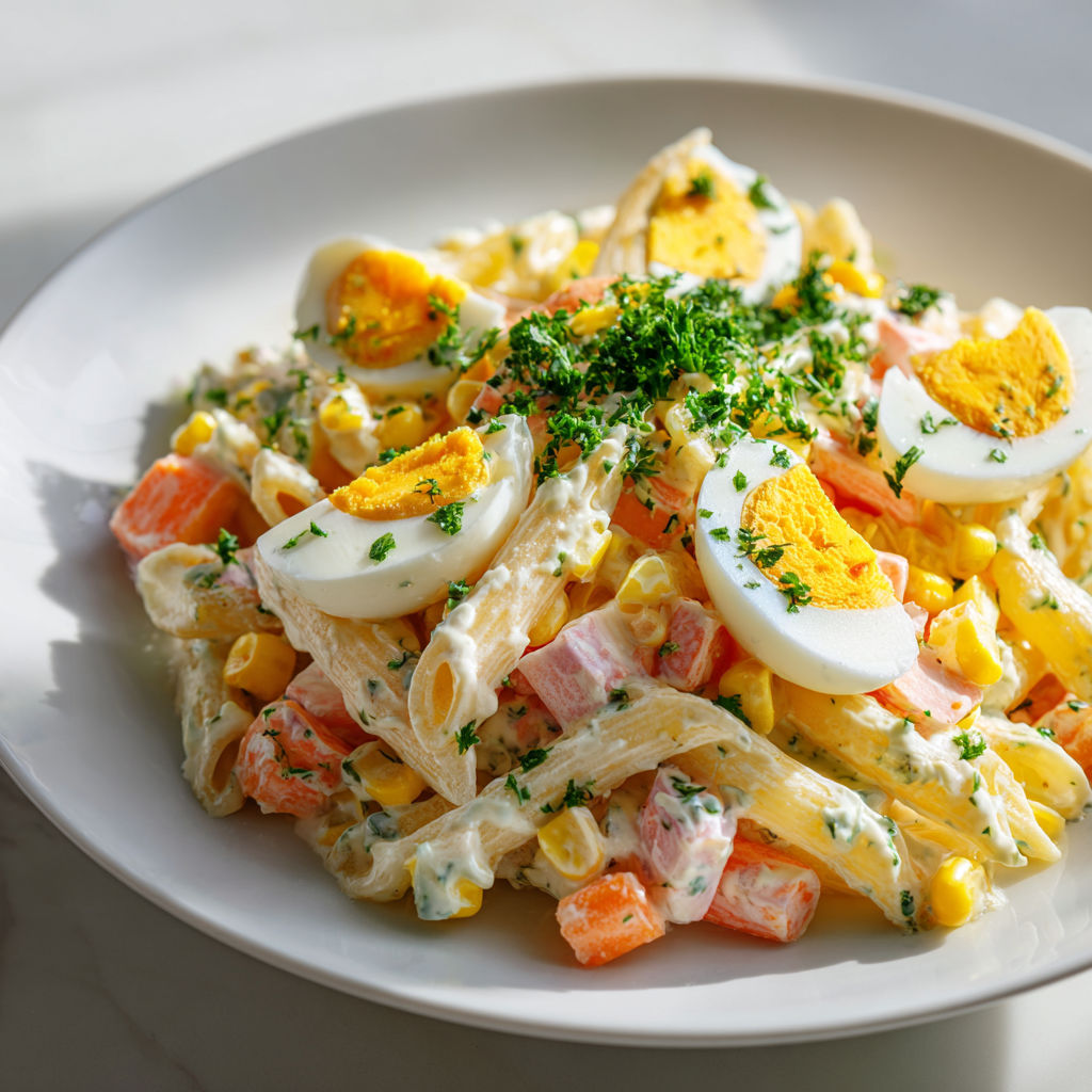 Un plat de pâtes mélangées au surimi et aux œufs durs prêt à être dégusté.