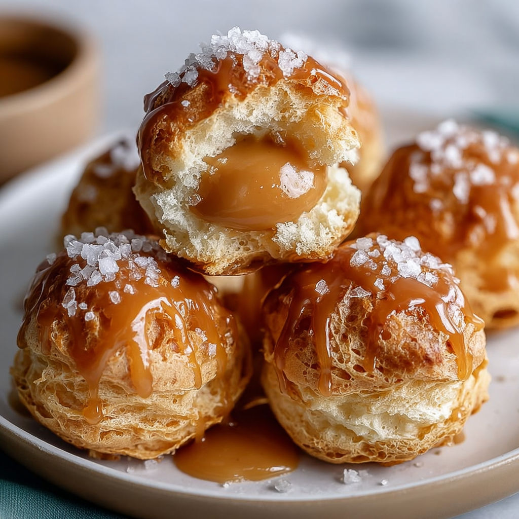 Choux croquants garnis d’une crème caramel salé, ultra gourmands.
