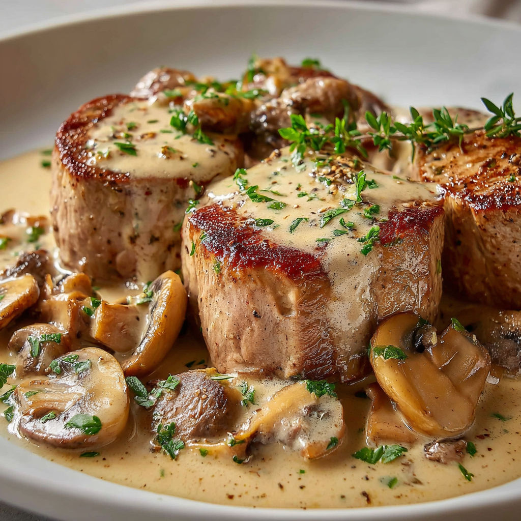 Plat de porc tendre avec une sauce crémeuse aux champignons et des herbes fraîches.