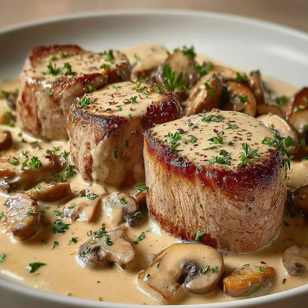 Un plat de filet mignon avec des champignons et des herbes fraîches.