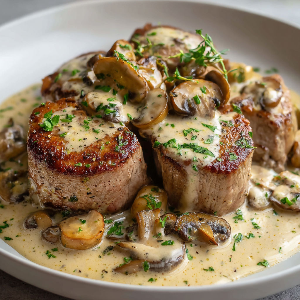Un filet mignon doré avec des champignons et une sauce onctueuse.
