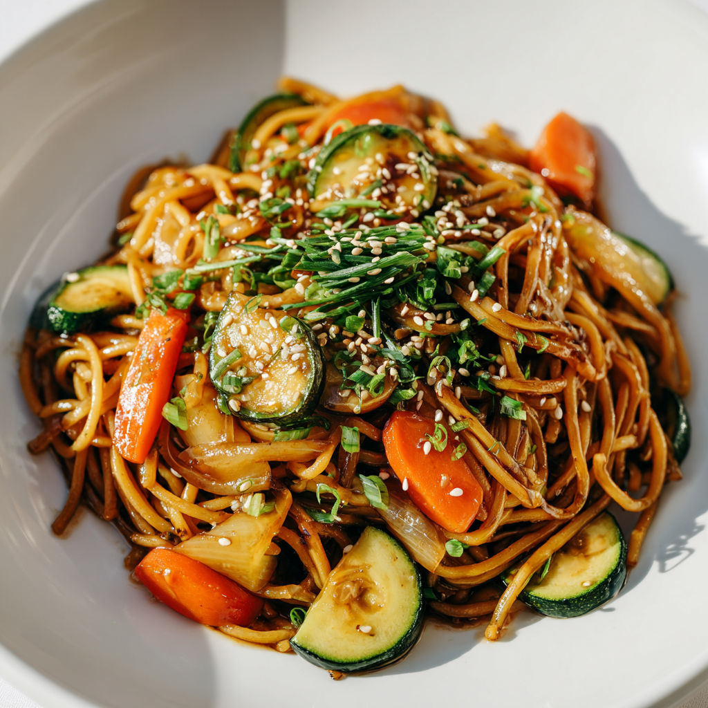 Assiette de nouilles sautées avec carottes, courgettes et légumes verts frais.