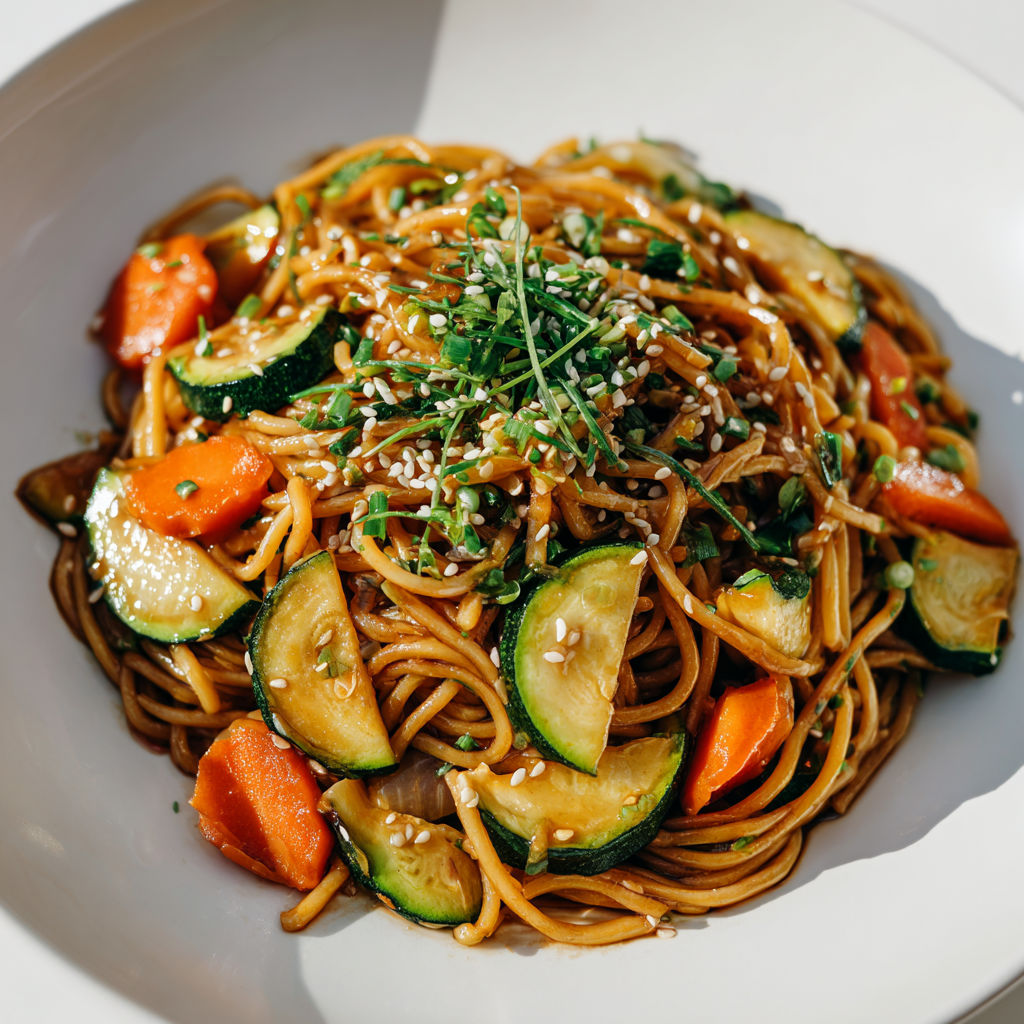 Plat de nouilles aux légumes croquants, nappés d'une sauce asiatique savoureuse à la sauce soja et hoisin.