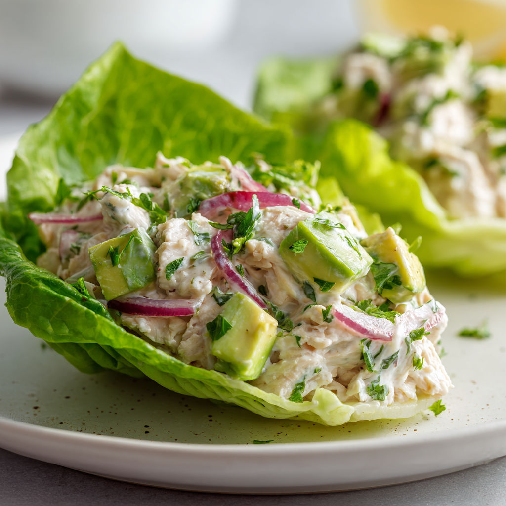 Laitue croquante enveloppant poulet et avocat onctueux.