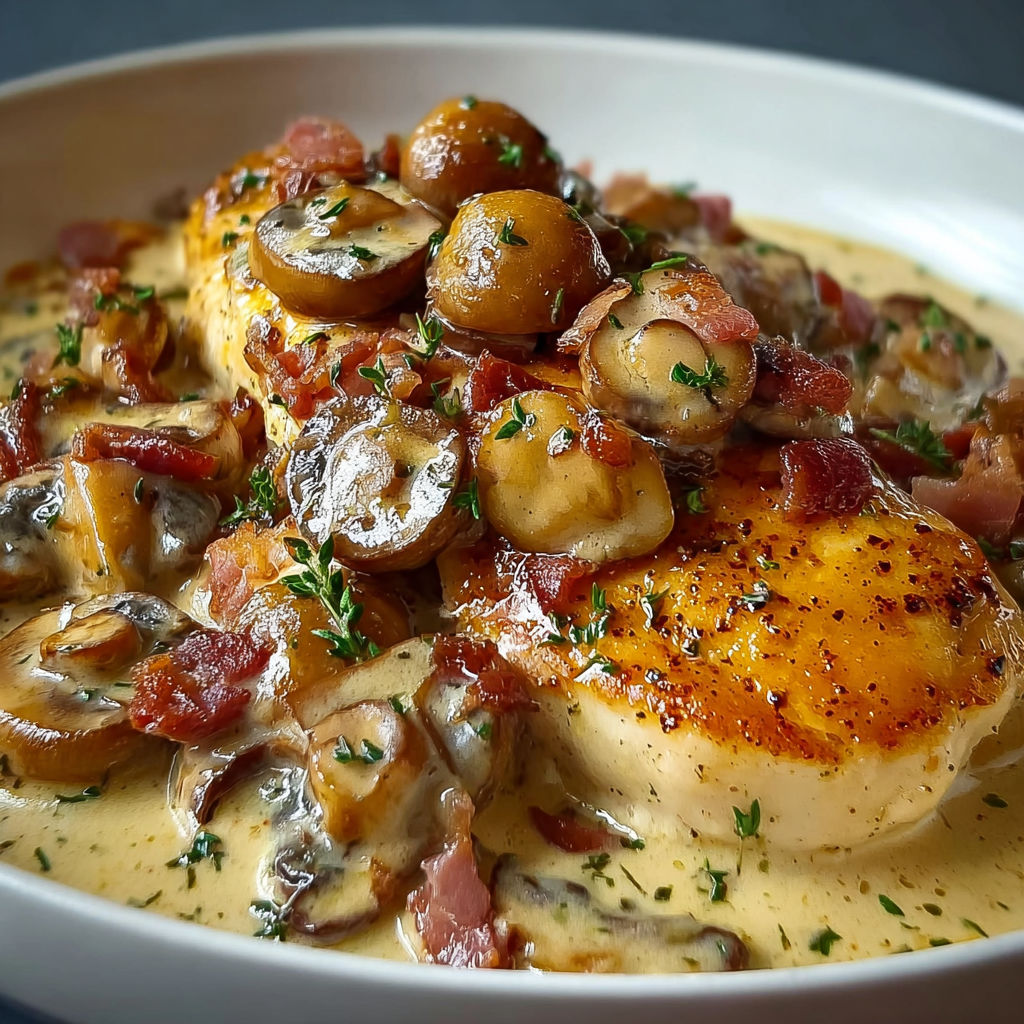 Casserole de poulet tendre baignant dans une sauce épaisse aux champignons et lardons grillés.