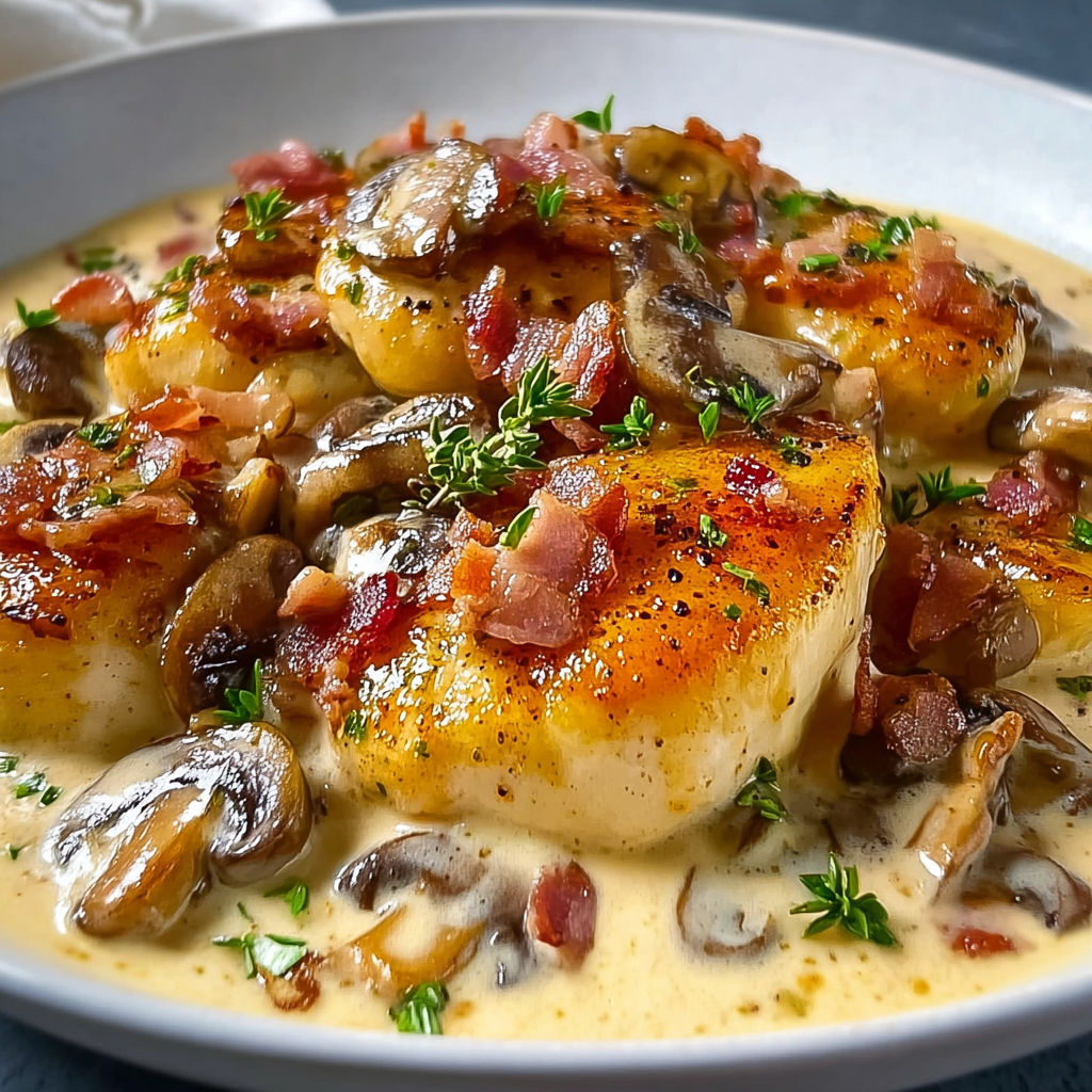 Grande assiette de poulet doré entouré de champignons et lardons nappés de sauce épaisse et crémeuse.