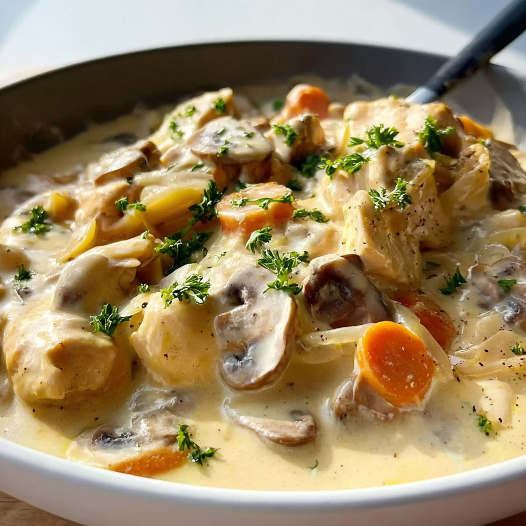 Un plat de poulet aux champignons avec des carottes et des herbes fraîches.