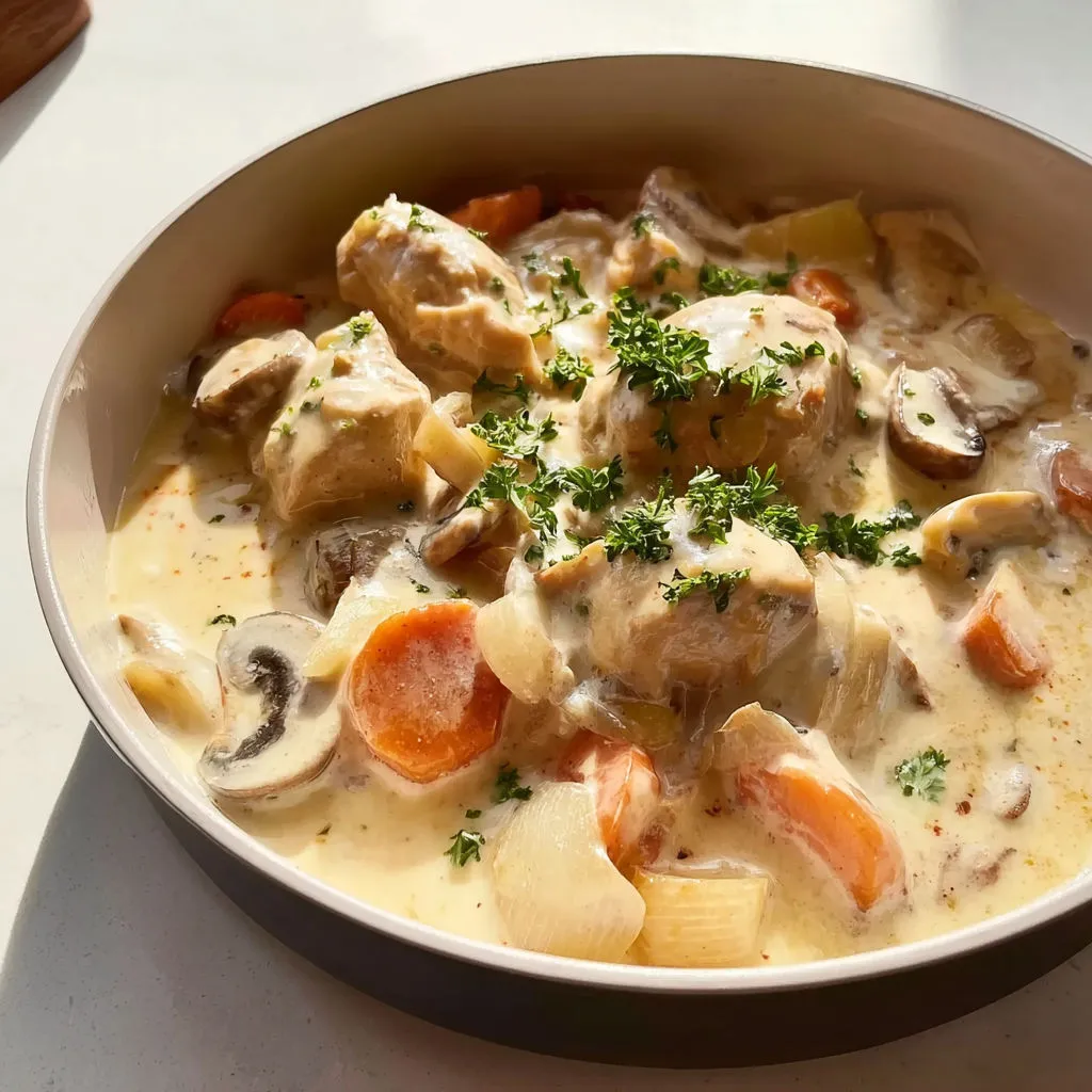 Un plat avec légumes et morceaux de volaille dans une sauce crémeuse à la moutarde.
