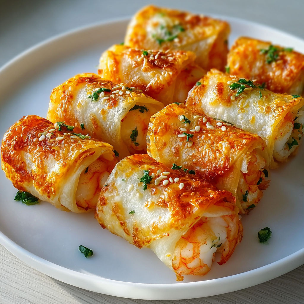 Une assiette avec des rouleaux aux crevettes dorés et quelques herbes fraîches.