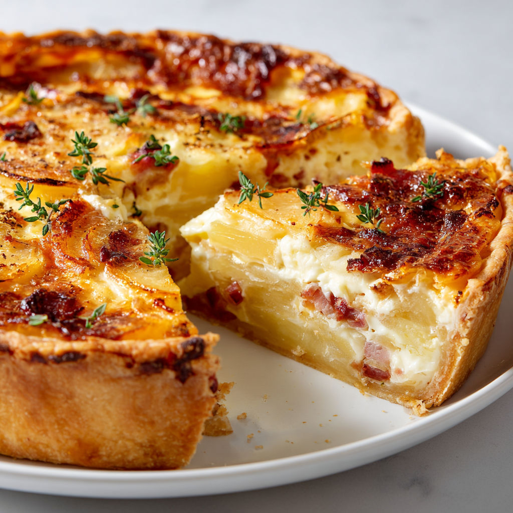 Une quiche inspirée de la tartiflette présentée sur un plateau.