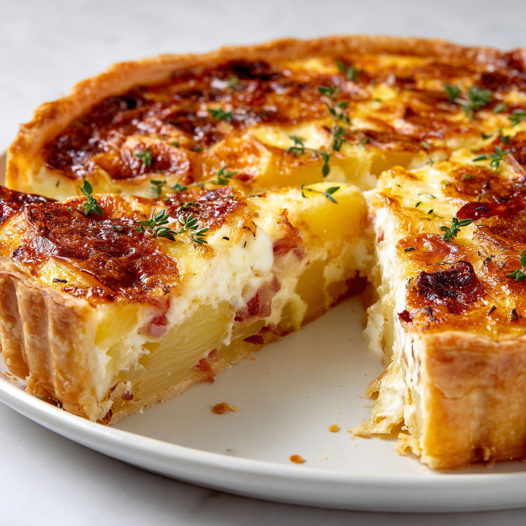 Une tarte aux pommes servie sur un plateau.