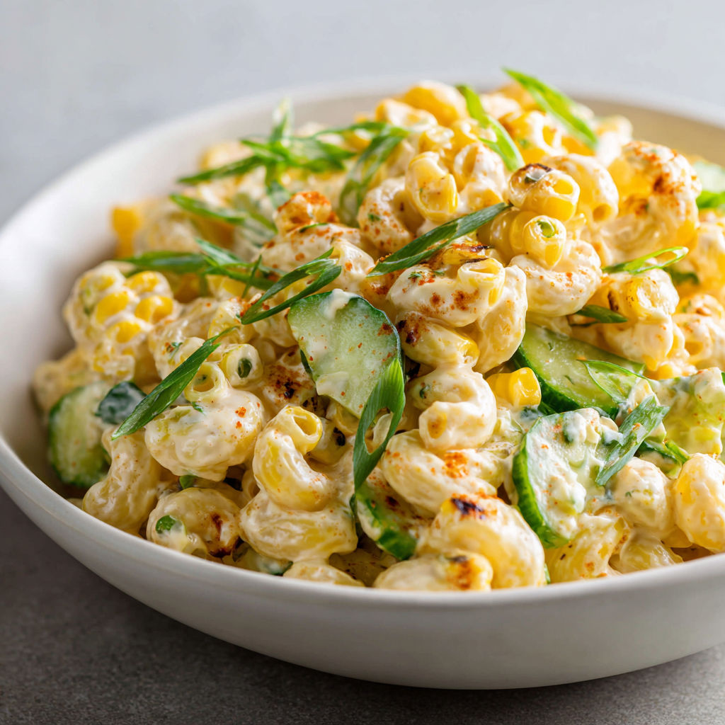 Un bol garni d'une salade crémeuse de macaronis et maïs grillé.