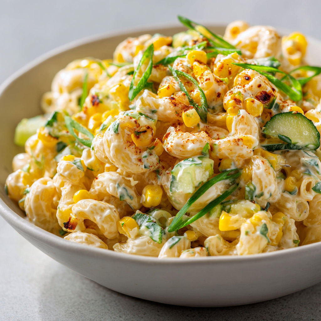 Salade de macaronis au maïs grillé servie dans un bol.