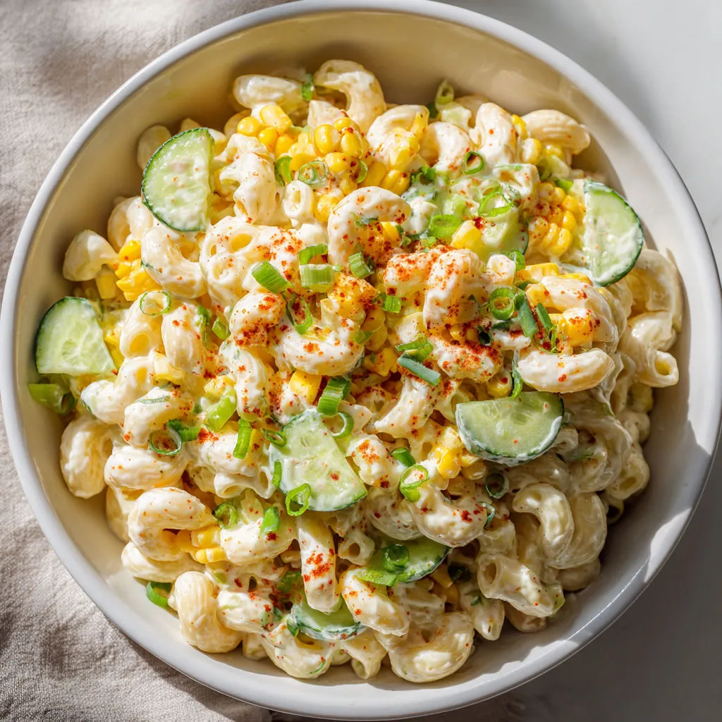 Salade fraîcheur au maïs et petits concombres servie dans un bol.