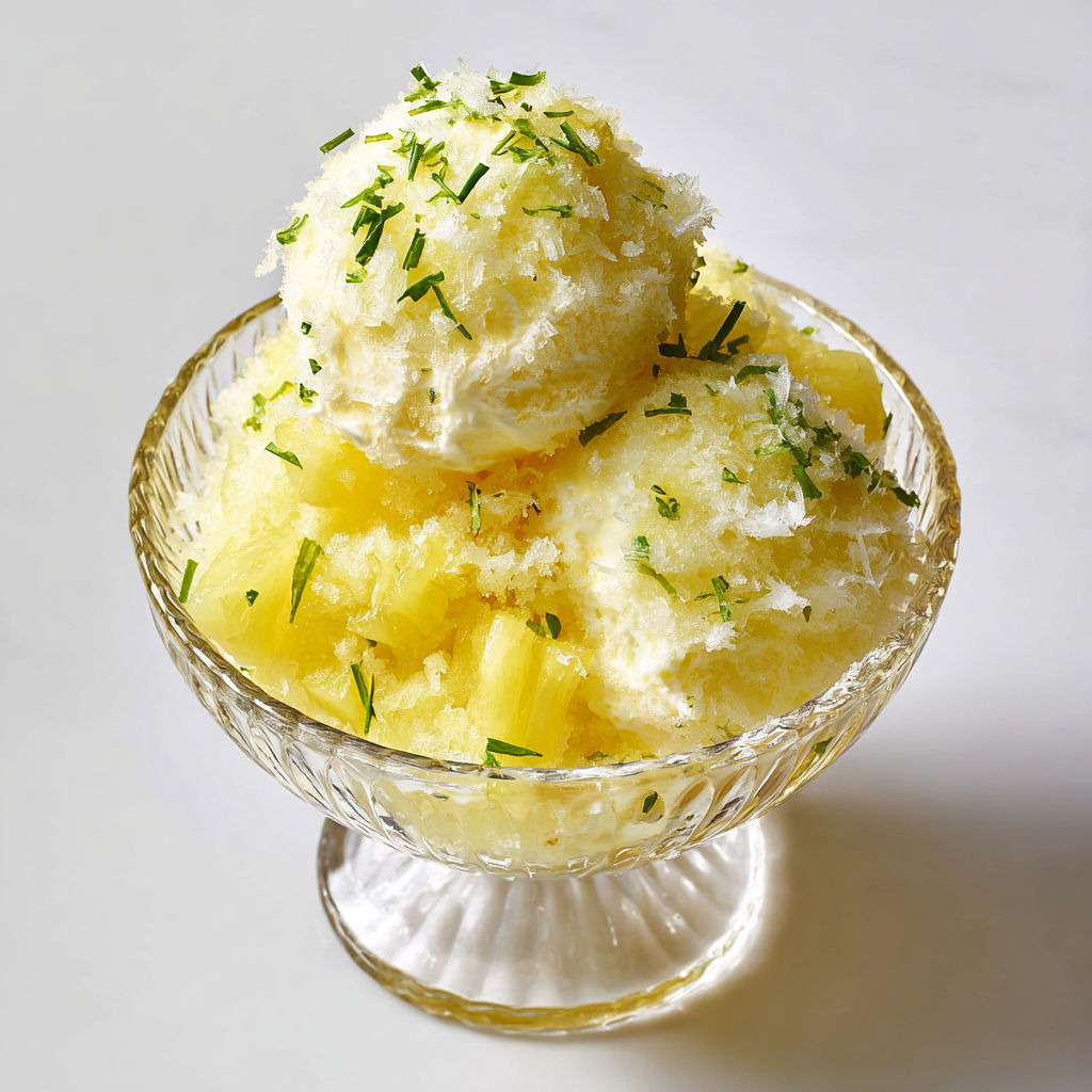 Une portion fraîche d’ananas râpé, avec de la glace vanille et une touche de lime dans une coupe transparente.