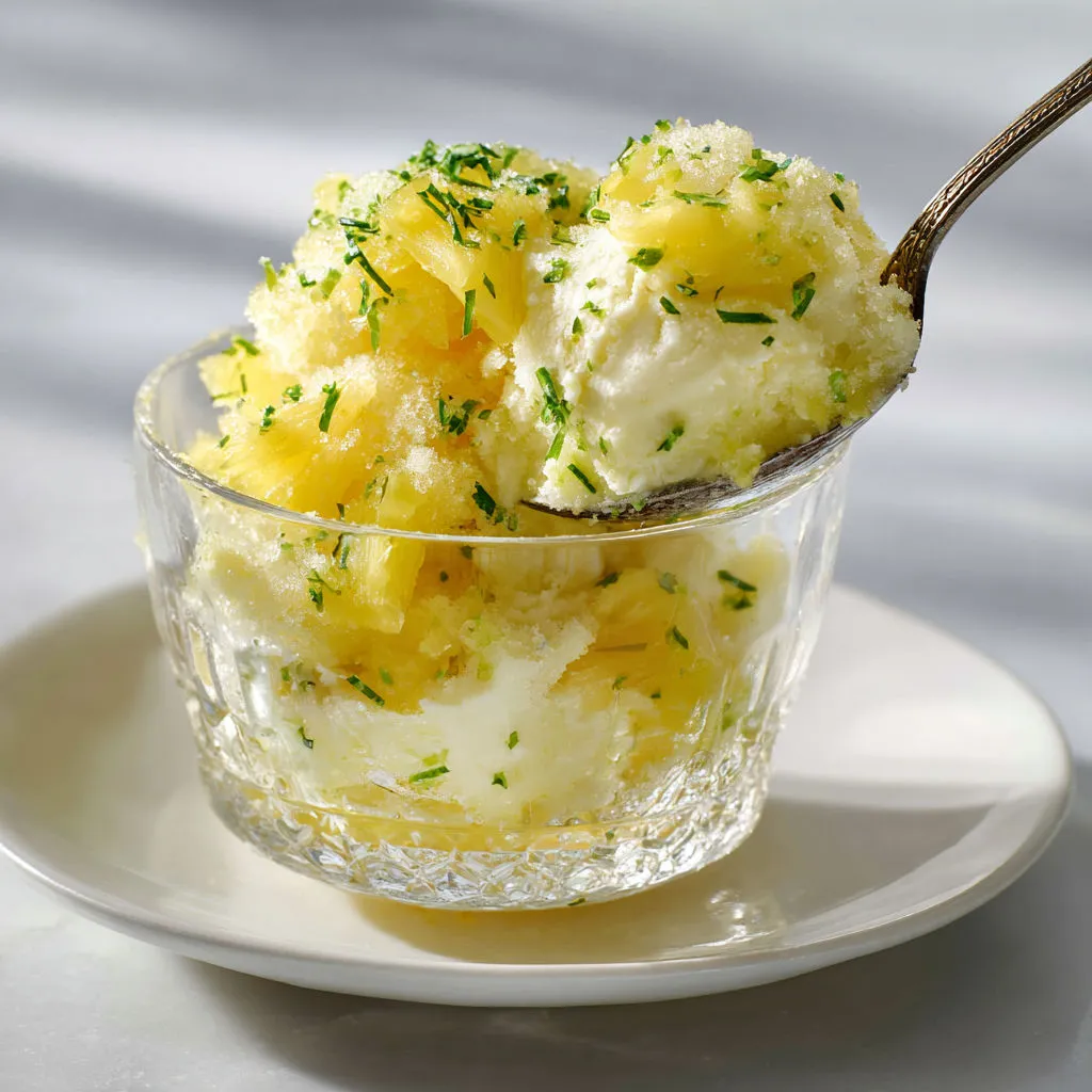 Dessert bien frais avec ananas, vanille et citron vert dans un joli bol.
