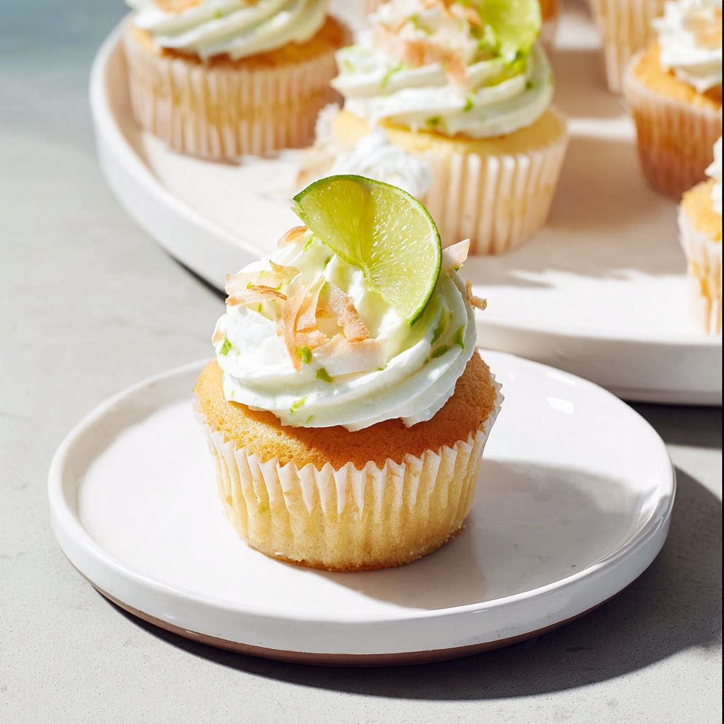 Un plateau de petits gâteaux lime coco décorés.