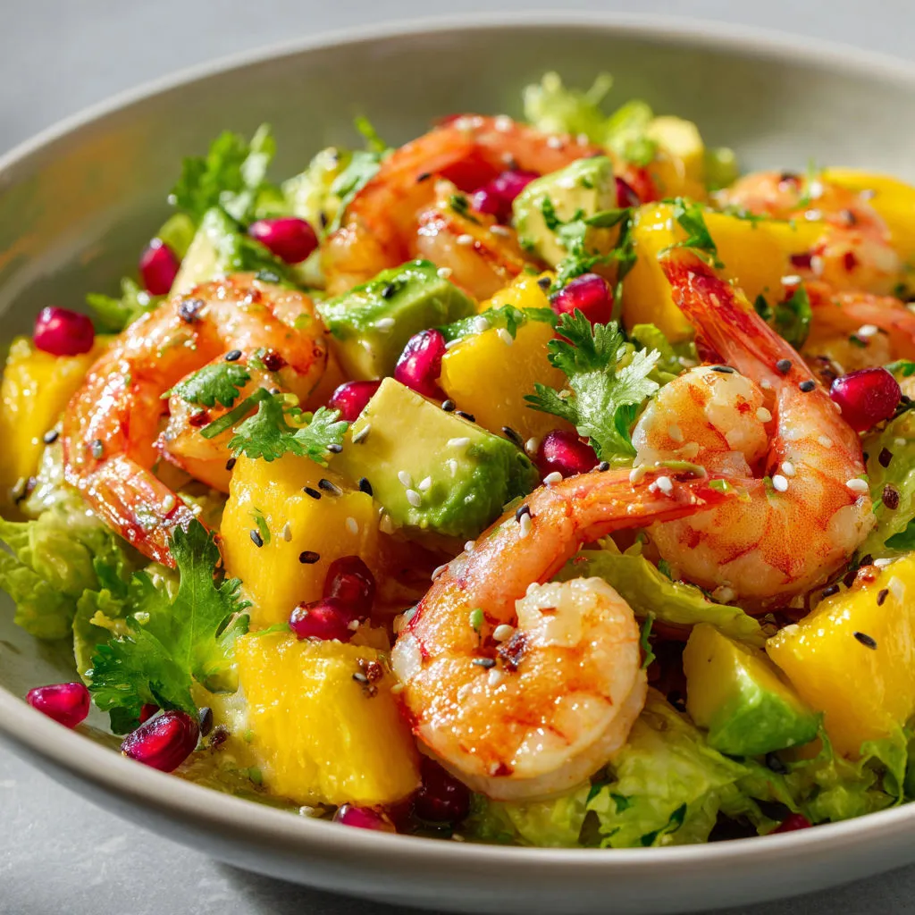 Salade fraîche de crevettes et mangue avec coriandre et herbes.