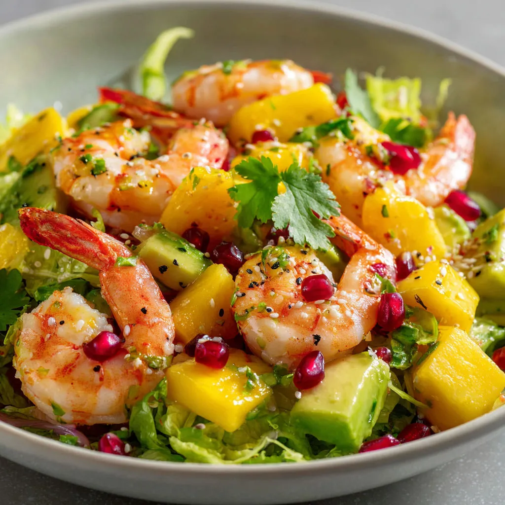 Salade crevettes avocat, tomates cerises et herbes fraîches.