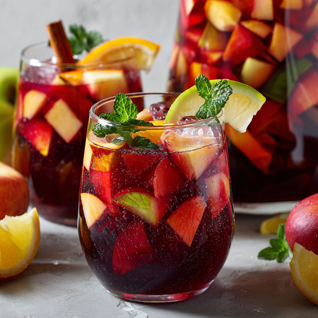 Un grand verre d’été sans alcool plein de fruits frais comme pommes, oranges et citrons.