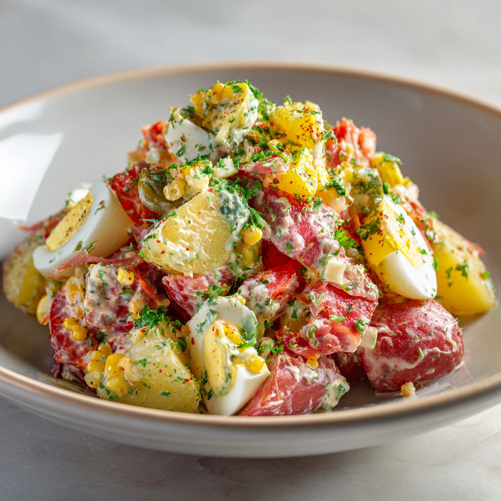 Une salade colorée avec pommes de terre et légumes dans un bol, prête à ravir vos papilles.