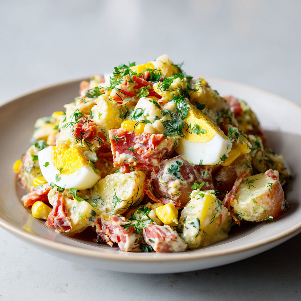Salade avec légumes et charcuterie servie dans un grand bol sur table.