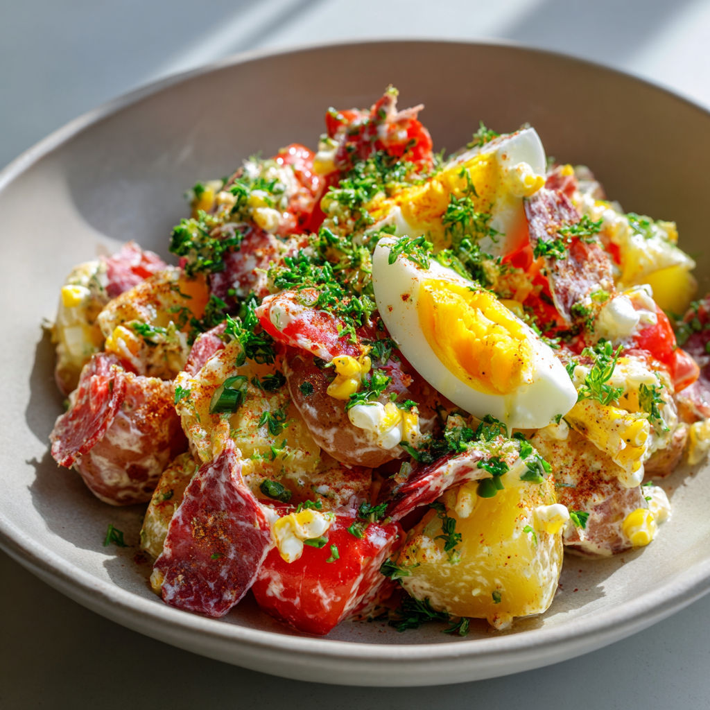 Salade de poulet, œufs et légumes colorés dans un grand bol, avec des herbes.