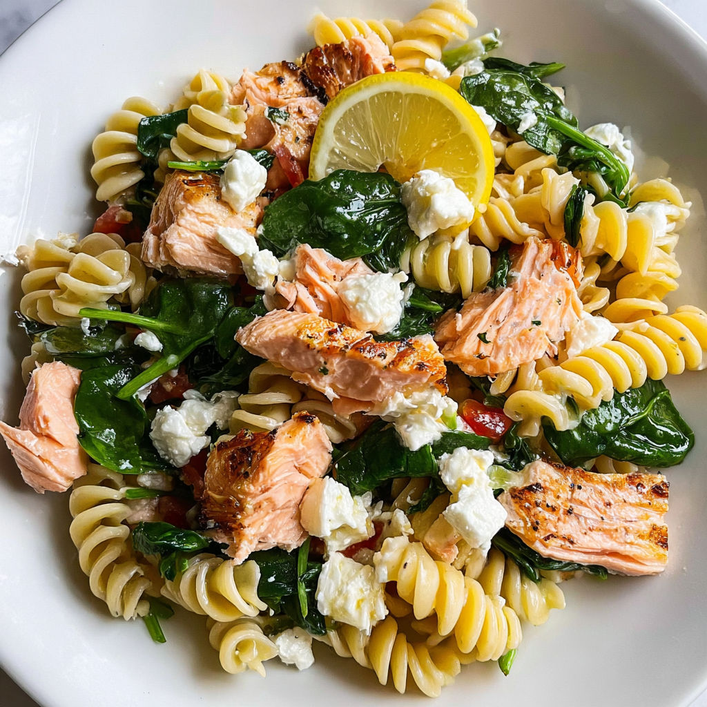 Un plat de pâtes au saumon avec épinards et citron présenté sur une assiette.