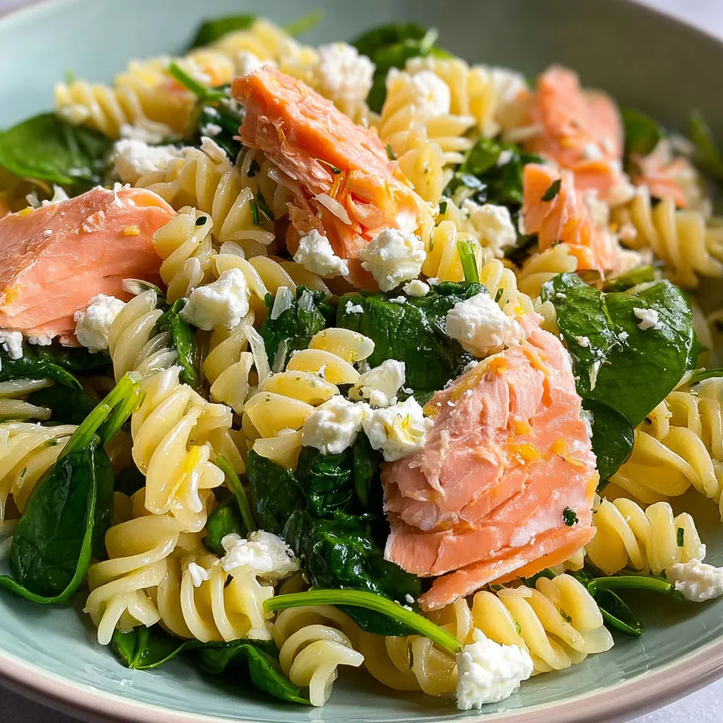 Un plat de pâtes spaghetti avec légumes et poisson.