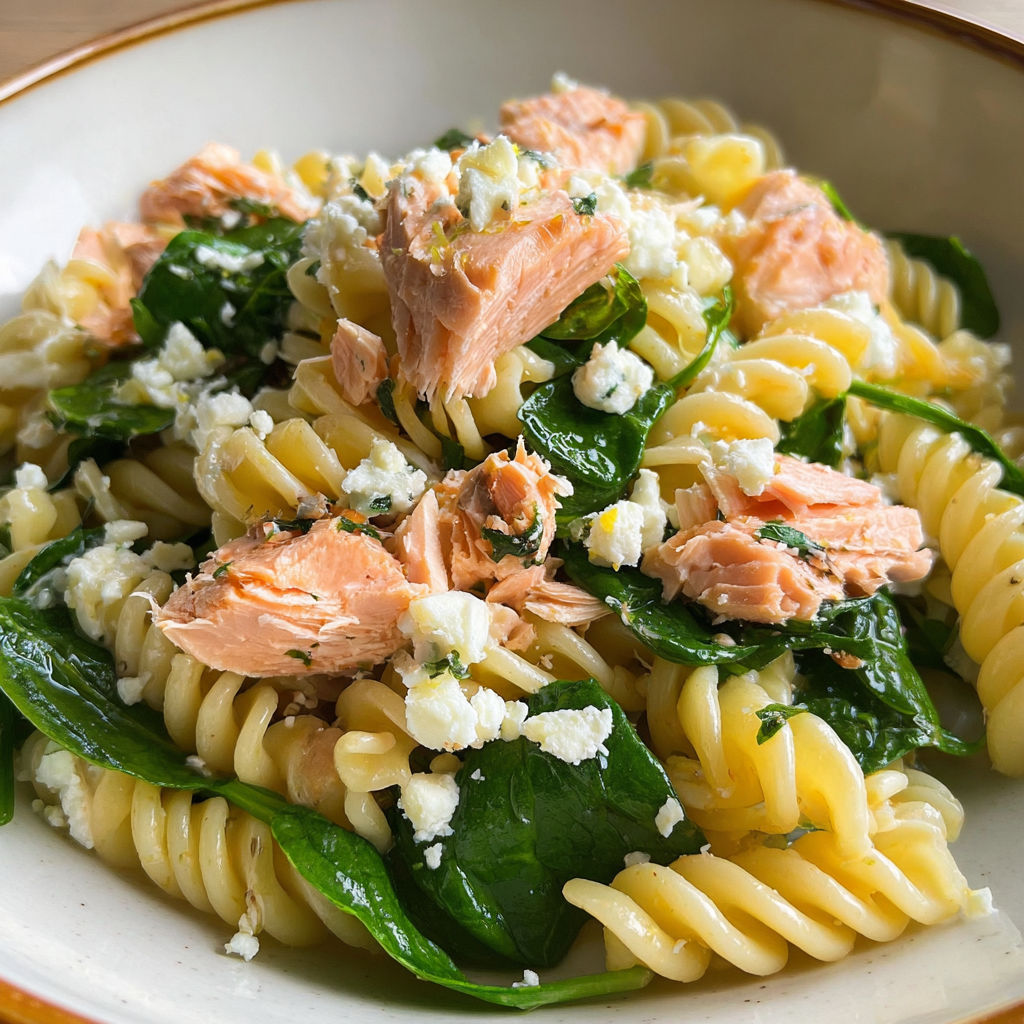 Un plat de noodles avec légumes et poisson.