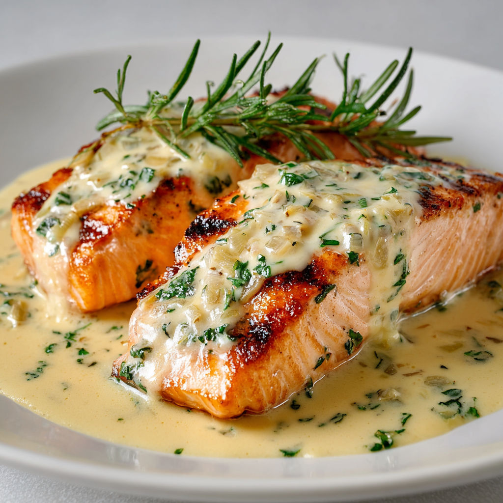 Saumon grillé nappé de sauce crémeuse aux échalotes.