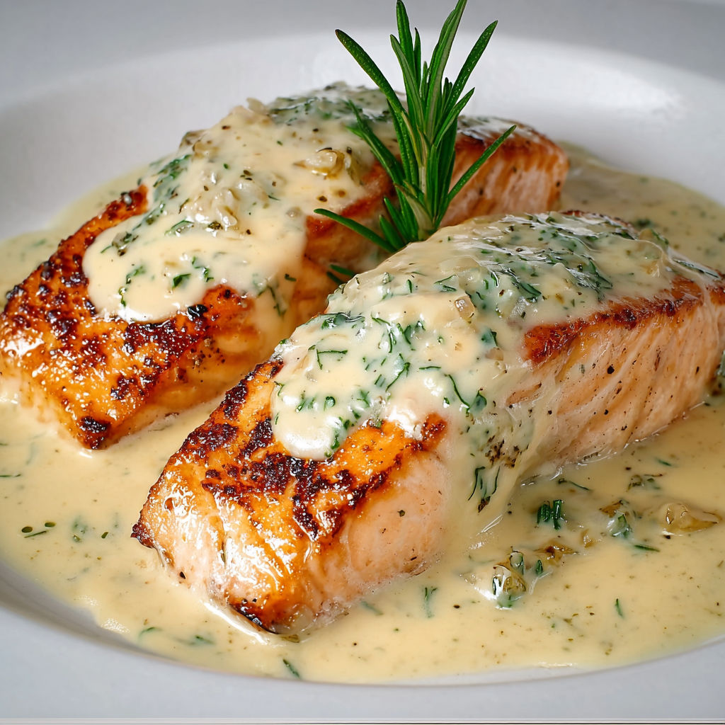 Saumon grillé nappé d’une sauce crémeuse à l’échalote et vin blanc.