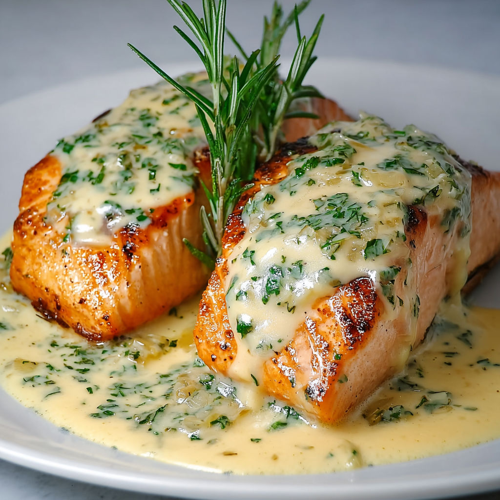 Pavé de saumon doré, sauce échalotes crémeuse servie à table.