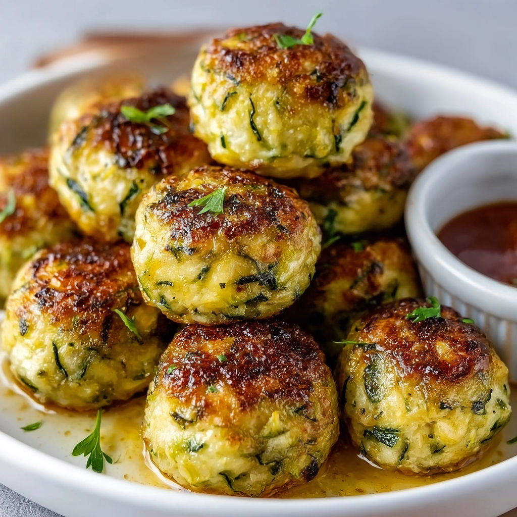 Boules de courgette dorées avec une sauce à plonger.