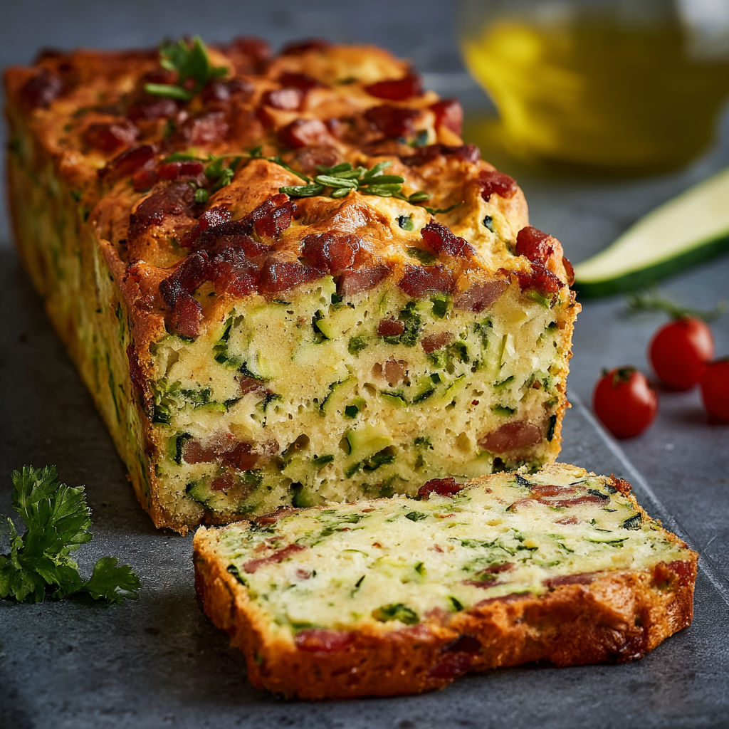 Part de cake courgette et lardons avec tomates fraîches et herbes aromatiques.