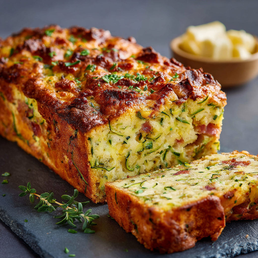 Une belle part de cake moelleux courgette lardons, parfait pour l'été.